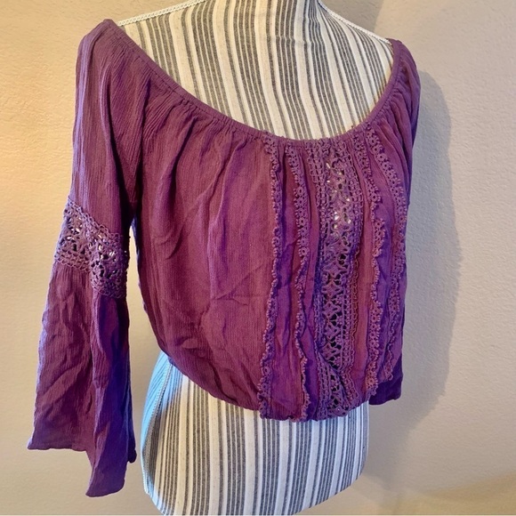 Cropped Peasant Top Large Charlotte Russe Plum Purple Crochet Lace Detail Rayon - Picture 4 of 13